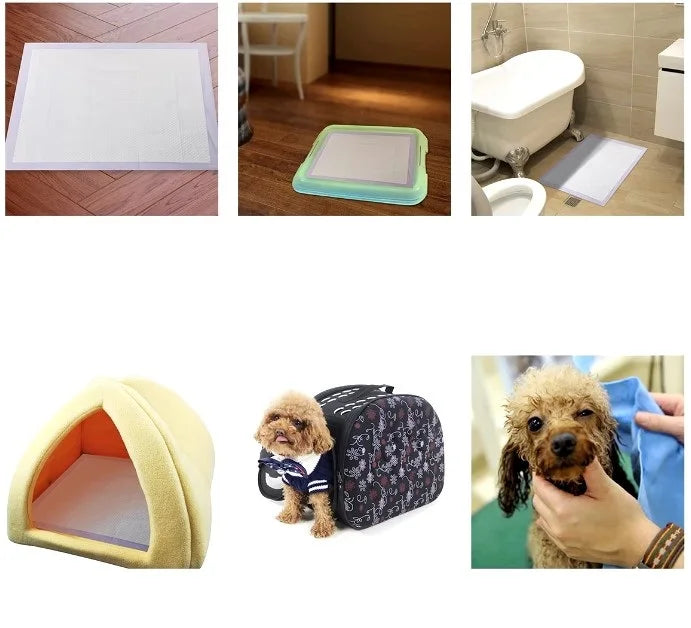Almohadillas absorbentes desechables ultra absorbentes para perros y mascotas, con una construcción de 5 capas, material no tóxico de secado rápido y base a prueba de fugas, ideales para el entrenamiento en interiores. Tamaños disponibles: 46/70/92/105/14