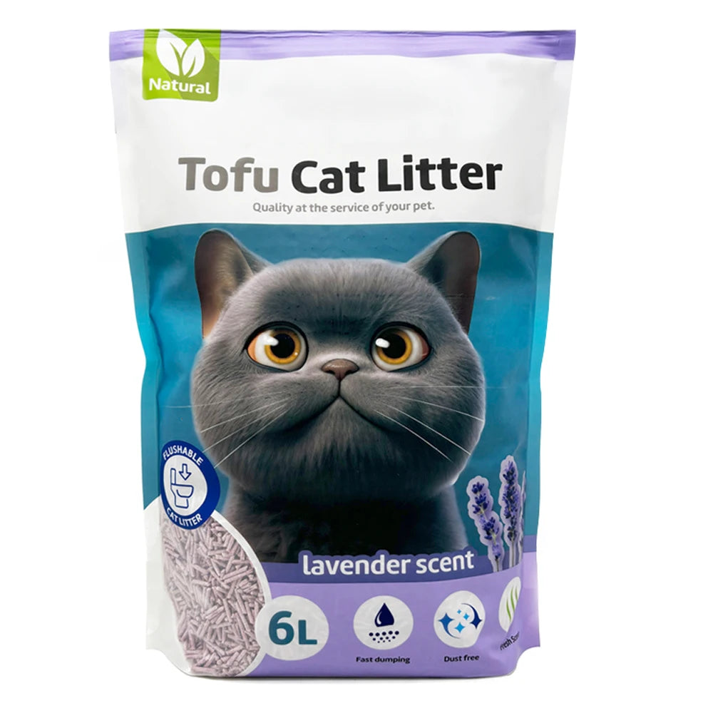 Arena aglutinante para gatos, arena de tofu sin gatos, fácil de aglomerar, controla los olores, lanzada en el inodoro, sabor a lavanda bps-15458