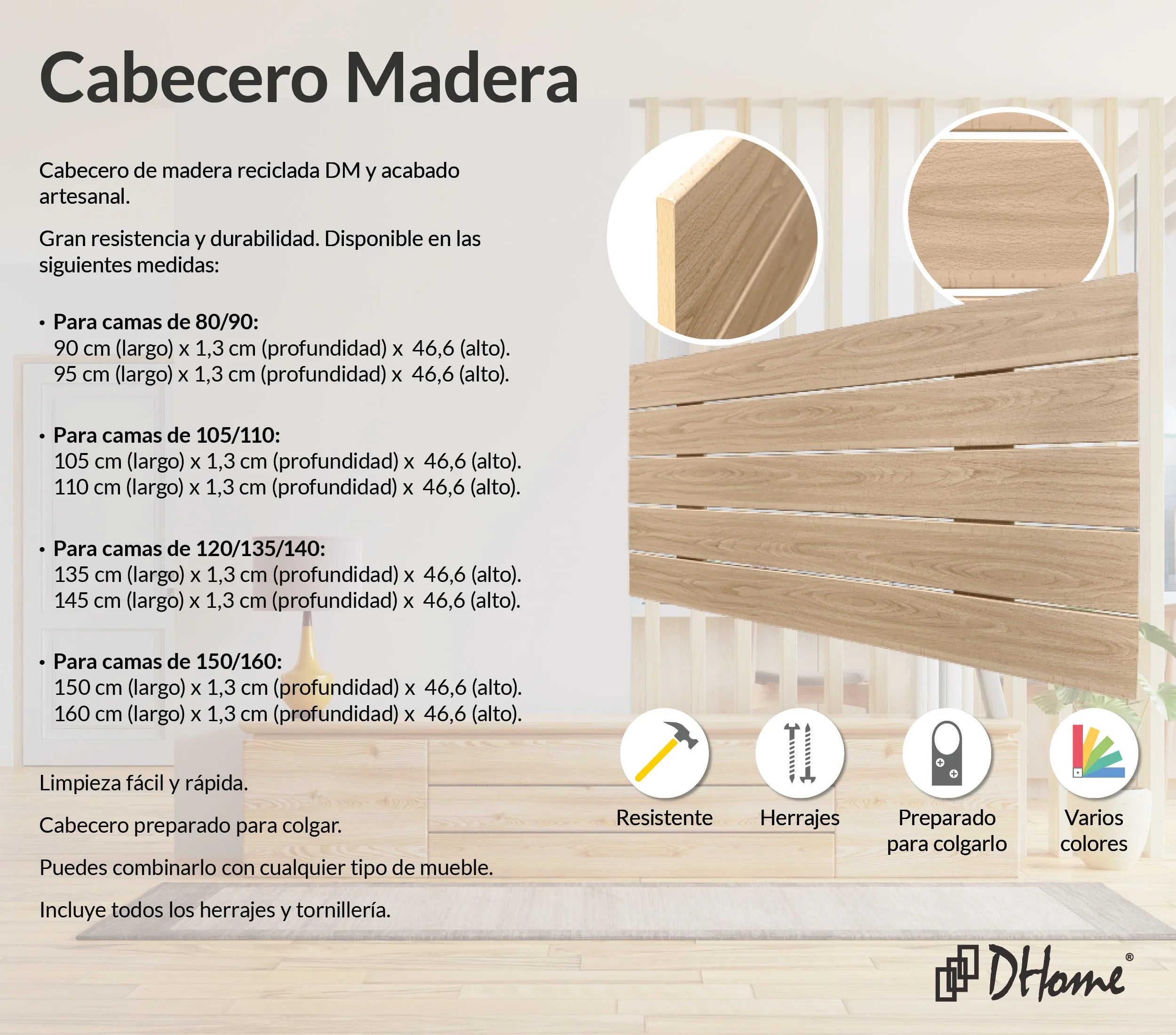 Cabecero DHOME de madera reciclada, fabricado con material DM de alta calidad, 1,3 cm de grosor, 46,6 cm de alto, disponible en 9 tamaños para camas individuales y dobles, de fácil mantenimiento, perfecto para una decoración moderna.
