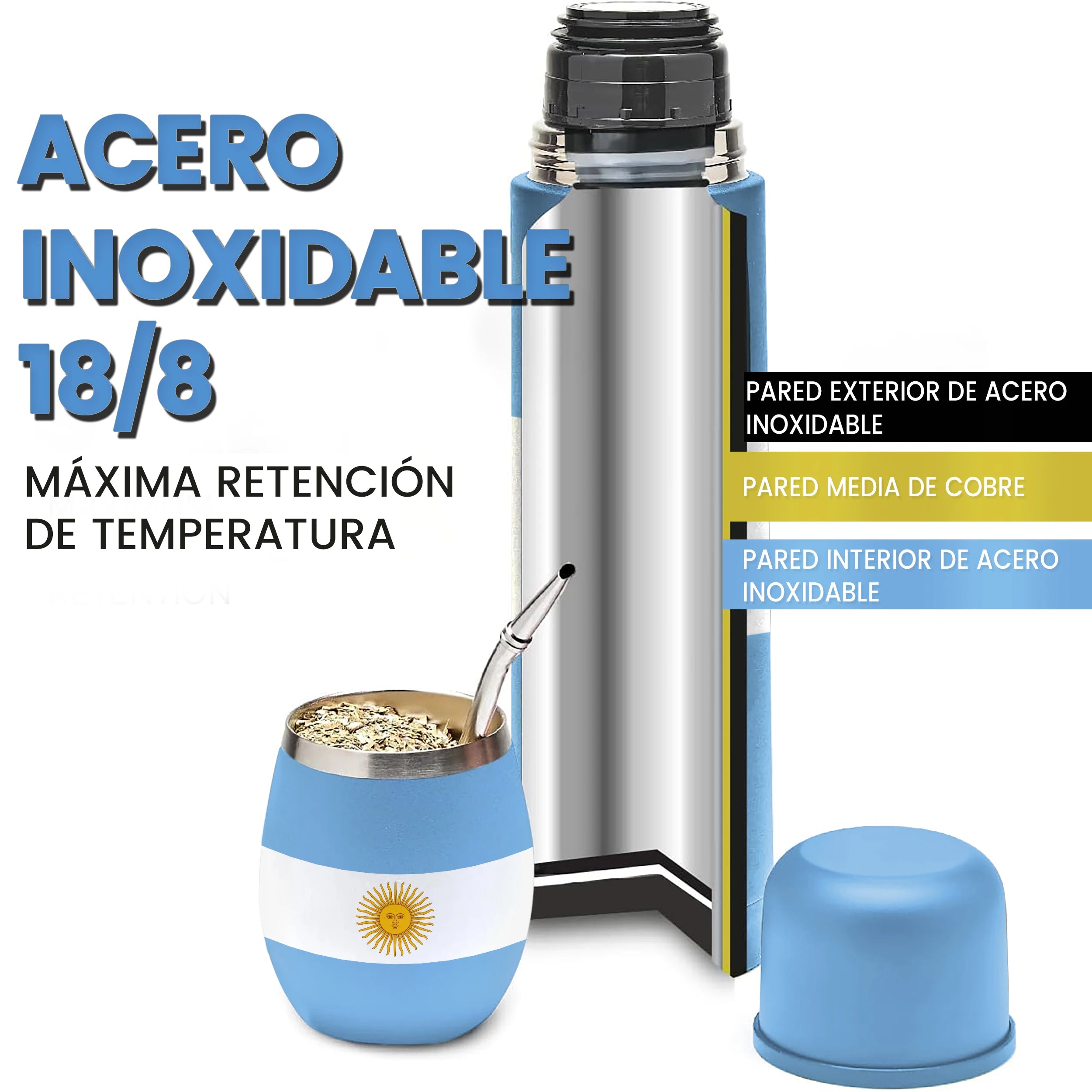 Aurum® Mate Argentino, set moderno completo con yerba mate, bombilla y calabaza, con termo de acero inoxidable para agua caliente. Ideal para disfrutar del mate tradicional en cualquier lugar, perfecto para compartir.