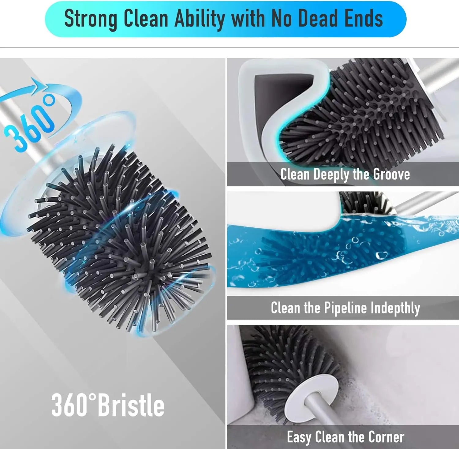 Juego de escobilla y soporte para inodoro, escobillas de silicona BIBURY con cabezal de limpieza de 360°, secado rápido y diseño higiénico, paquete de 2, cerdas suaves y flexibles para una limpieza eficaz del baño, blanco y gris.