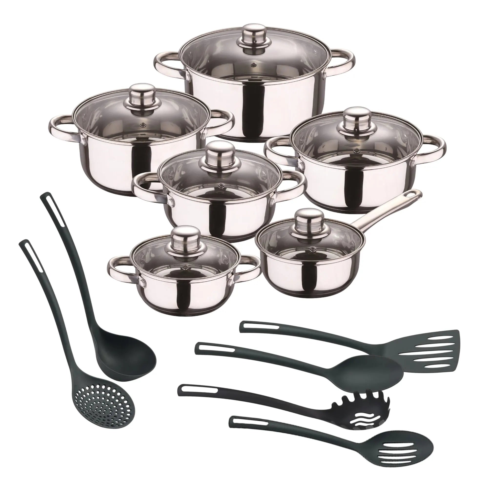 Juego de ollas y sartenes Well Home de 8 piezas en acero inoxidable con 6 utensilios de cocina de PBT, mangos ergonómicos, compatible con inducción, diseño antiadherente, ideal para todo tipo de cocinas.
