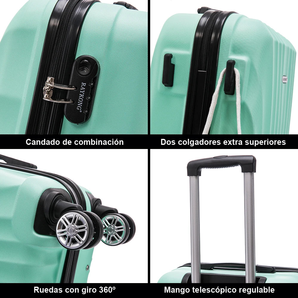 Juego de maletas rígidas de ABS de 4 piezas que incluye una maleta de cabina de 55 cm, una maleta mediana de 68 cm, una maleta grande de 78 cm y un neceser de 29 cm en varios colores, con ruedas giratorias de 360° para facilitar el transporte.