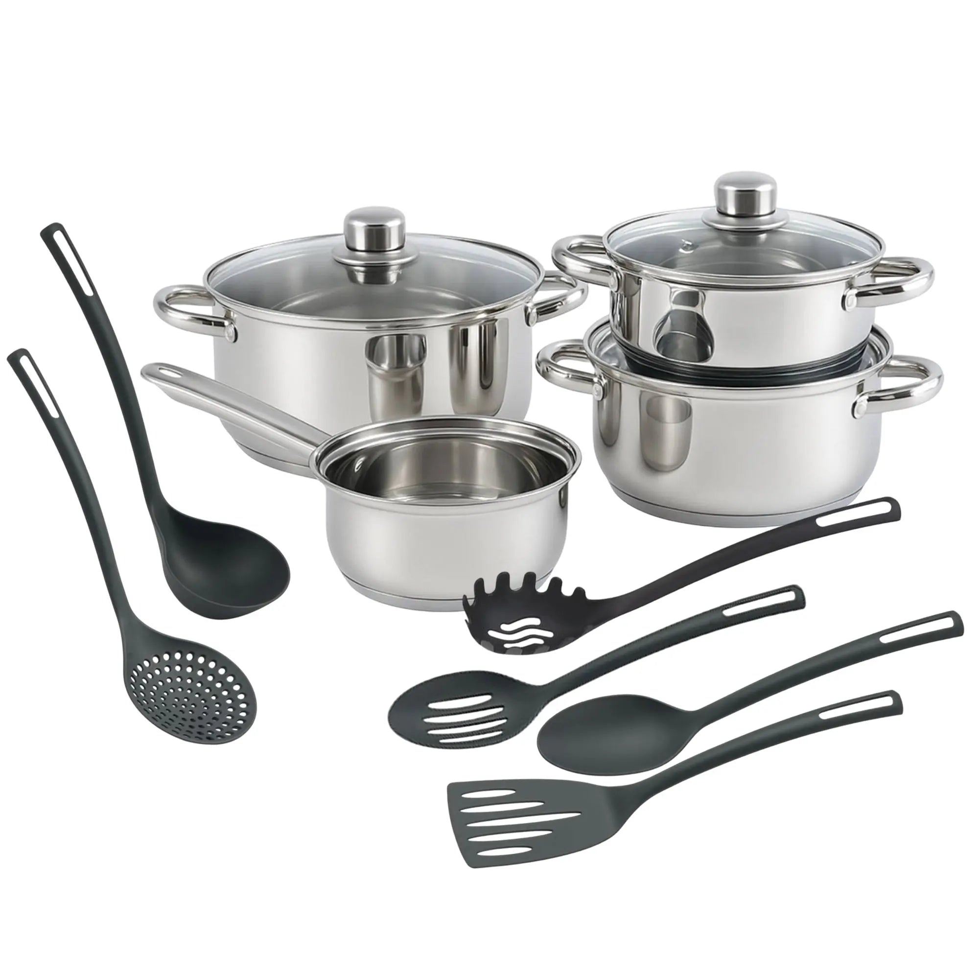 Juego de ollas y sartenes Well Home de 8 piezas en acero inoxidable con 6 utensilios de cocina de PBT, mangos ergonómicos, compatible con inducción, diseño antiadherente, ideal para todo tipo de cocinas.