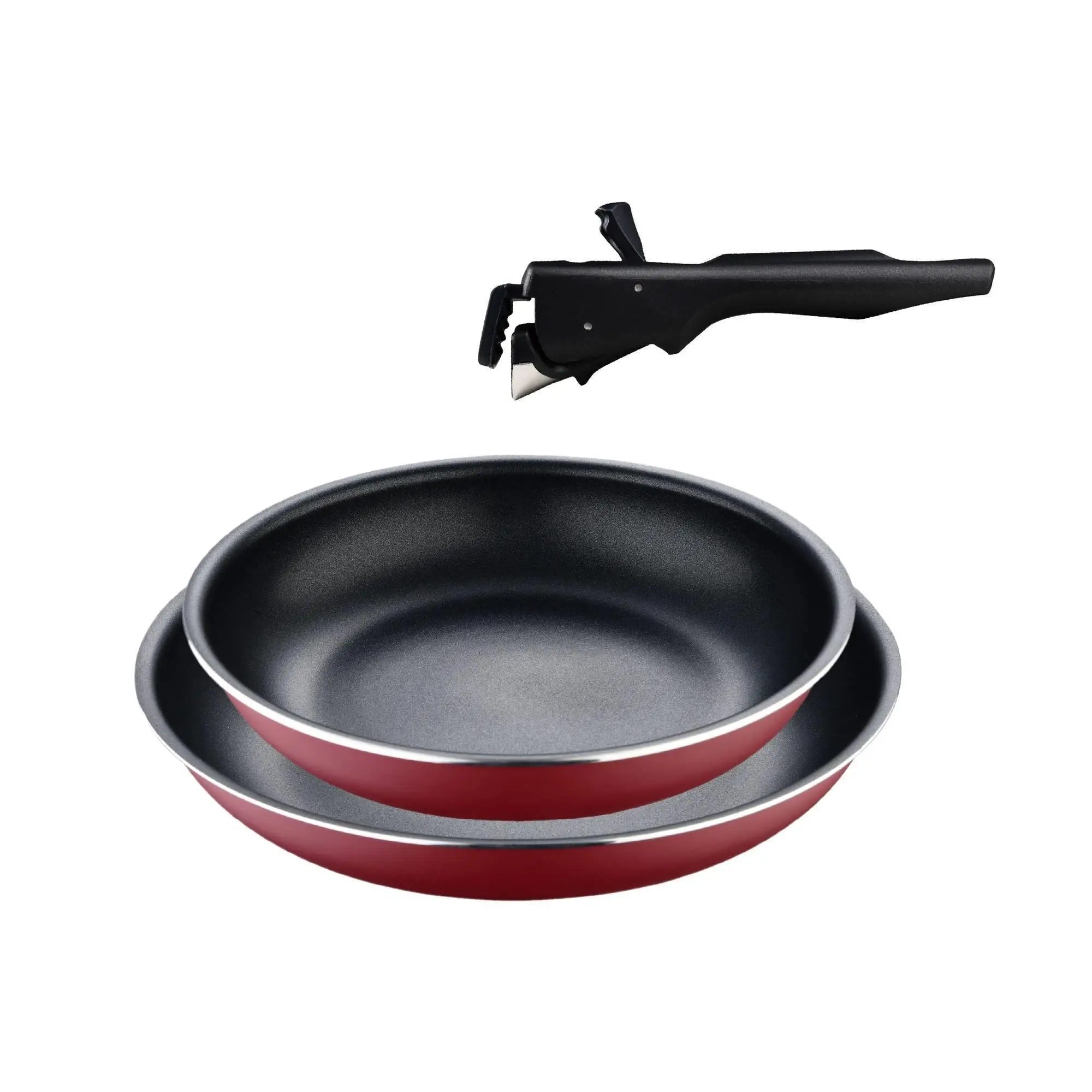 Juego de sartenes Bergner Click&Cook de 2 piezas, de Ø22 cm y Ø26 cm, con mango ergonómico desmontable, de aluminio prensado antiadherente, aptas para todo tipo de cocinas, incluida la de inducción, con diseño apilable que ahorra espacio.