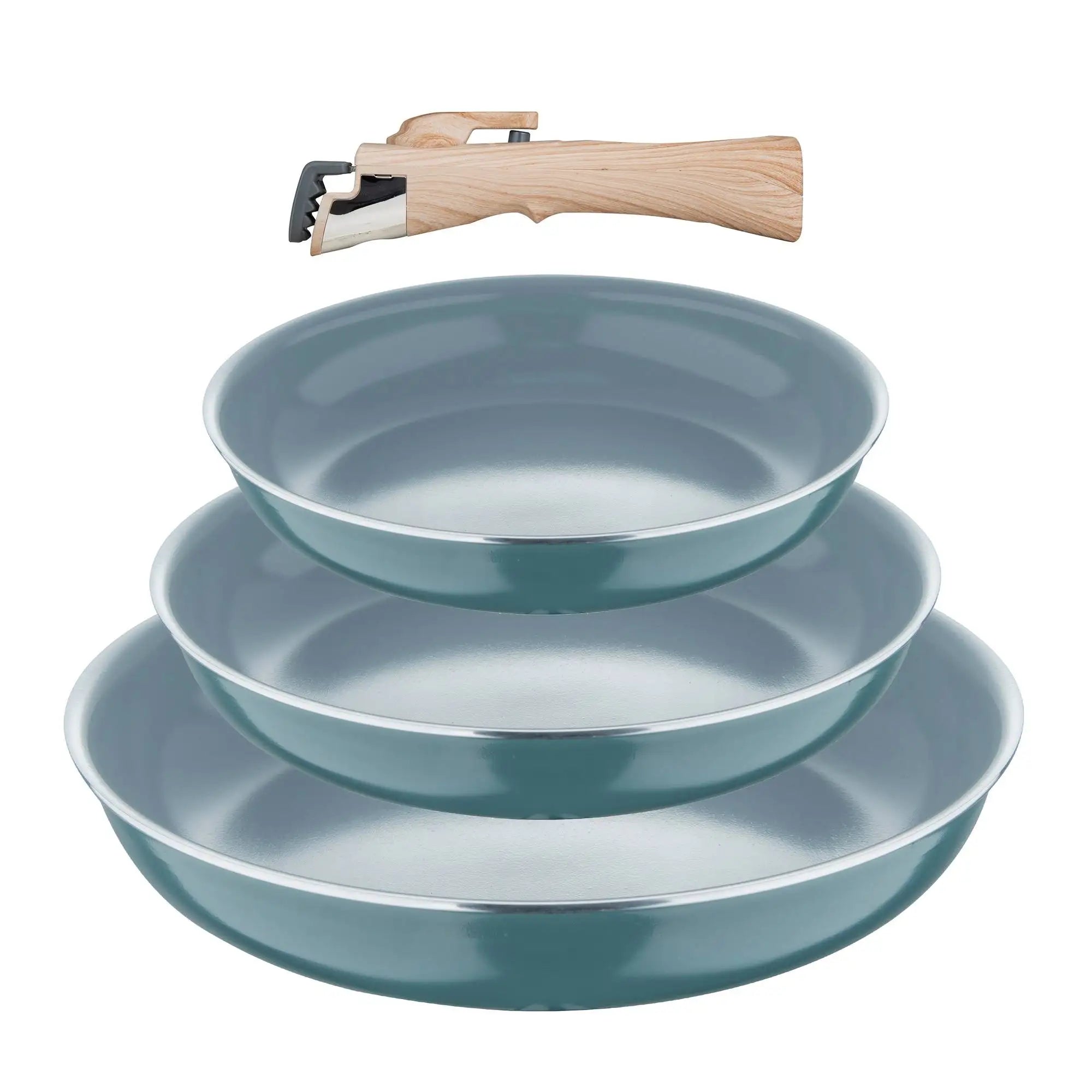 Juego de sartenes Bergner Click&Cook de 2 piezas, de Ø22 cm y Ø26 cm, con mango ergonómico desmontable, de aluminio prensado antiadherente, aptas para todo tipo de cocinas, incluida la de inducción, con diseño apilable que ahorra espacio.