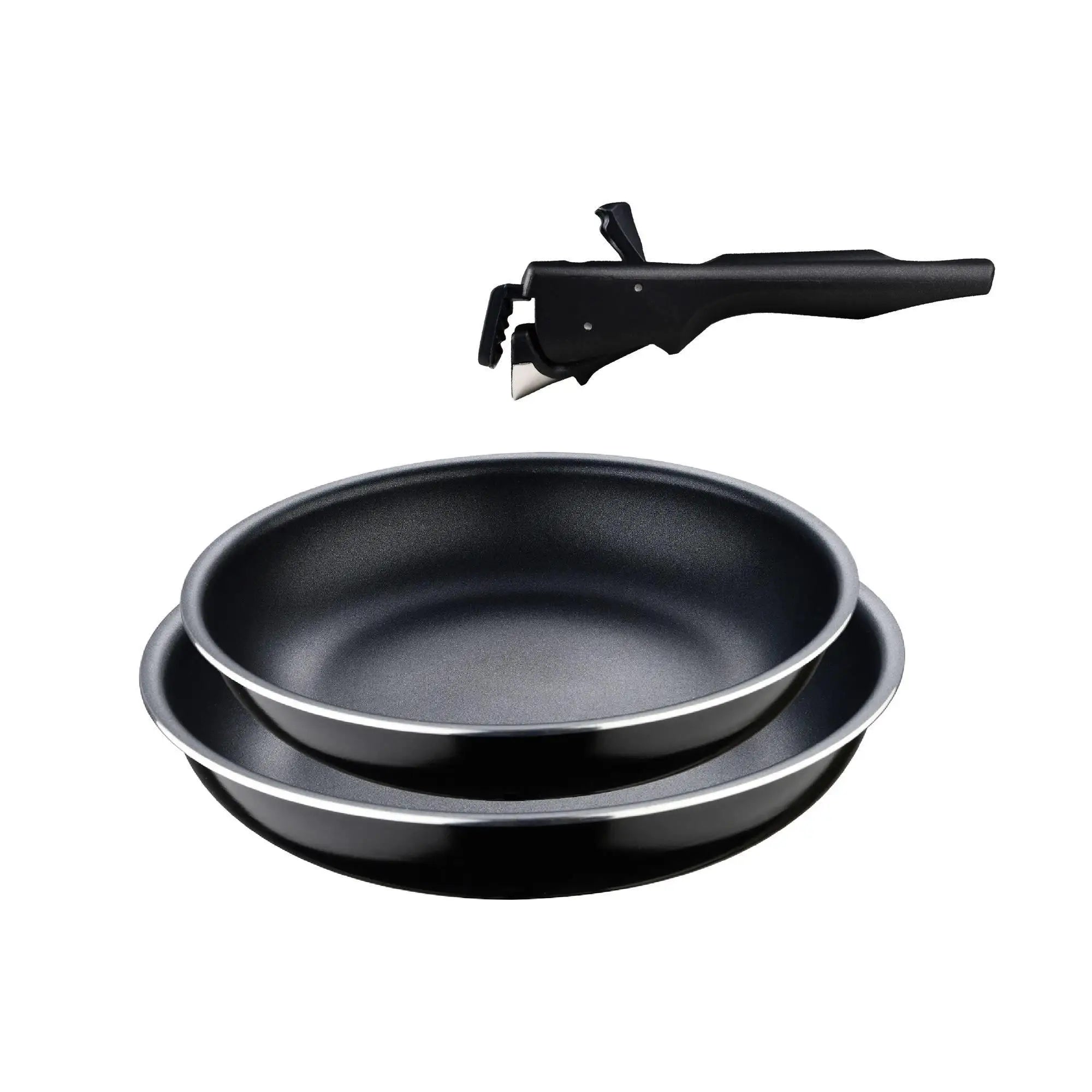 Juego de sartenes Bergner Click&Cook de 2 piezas, de Ø22 cm y Ø26 cm, con mango ergonómico desmontable, de aluminio prensado antiadherente, aptas para todo tipo de cocinas, incluida la de inducción, con diseño apilable que ahorra espacio.