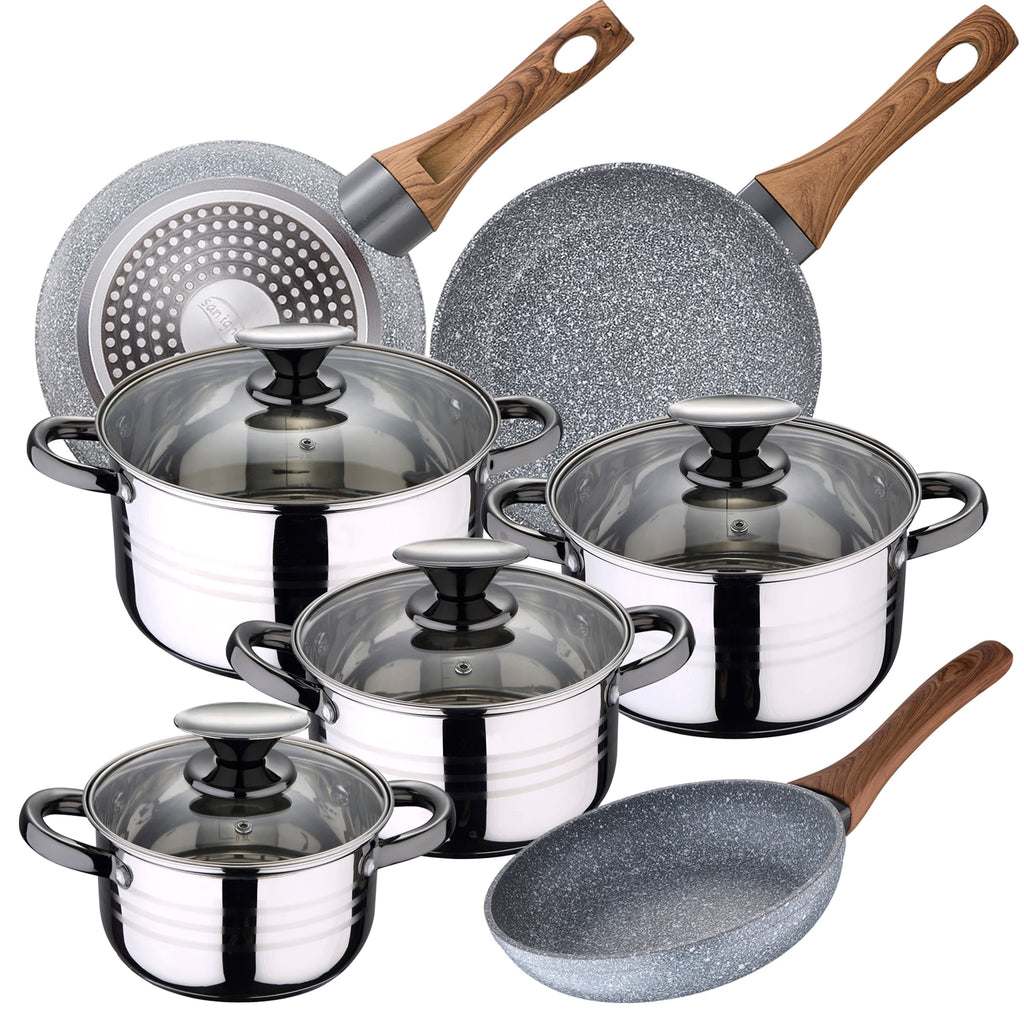 Juego de utensilios de cocina San Ignacio de 8 piezas en acero inoxidable para inducción, que incluye 4 ollas con tapas de vidrio (1,9 L-5,1 L) y 3 sartenes antiadherentes (Ø22-26 cm), perfectas para cocinar de manera eficiente y duradera.