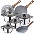 Juego de utensilios de cocina San Ignacio de 8 piezas en acero inoxidable para inducción, que incluye 4 ollas con tapas de vidrio (1,9 L-5,1 L) y 3 sartenes antiadherentes (Ø22-26 cm), perfectas para cocinar de manera eficiente y duradera.