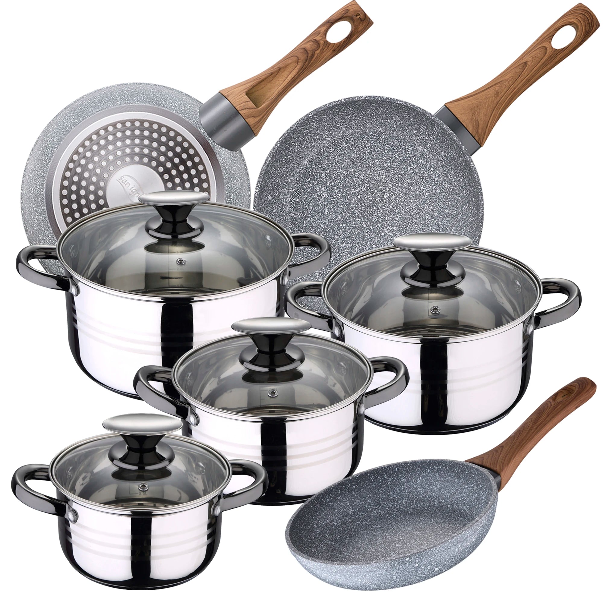 Juego de utensilios de cocina San Ignacio de 8 piezas en acero inoxidable para inducción, que incluye 4 ollas con tapas de vidrio (1,9 L-5,1 L) y 3 sartenes antiadherentes (Ø22-26 cm), perfectas para cocinar de manera eficiente y duradera.