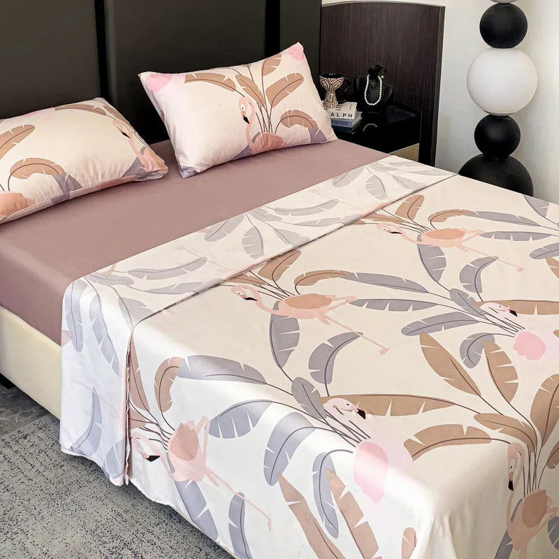 Juego de ropa de cama de 4 piezas con estampado de flamencos para camas de 135 cm/150 cm/180 cm, poliéster duradero, secado rápido, sábana bajera ajustable con bolsillo profundo para colchones de hasta 35 cm, ideal para primavera-verano de Polaristar.