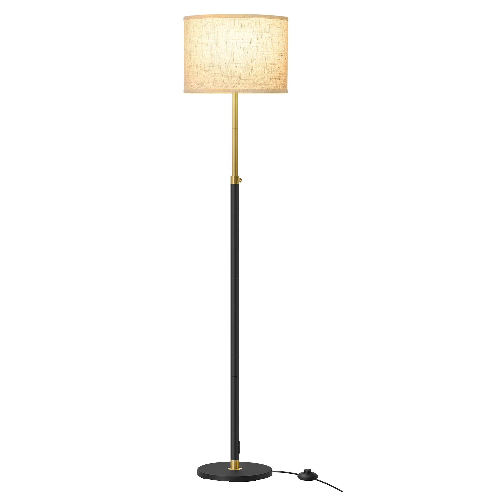 VASAGLE Lámpara de Pie, Navidad, Lámpara de Lectura Regulable en Altura, 140-170 cm de Altura, Moderna, con Interruptor de Pedal, Pantalla de Tela, Casquillo E27, Dorado y Negro