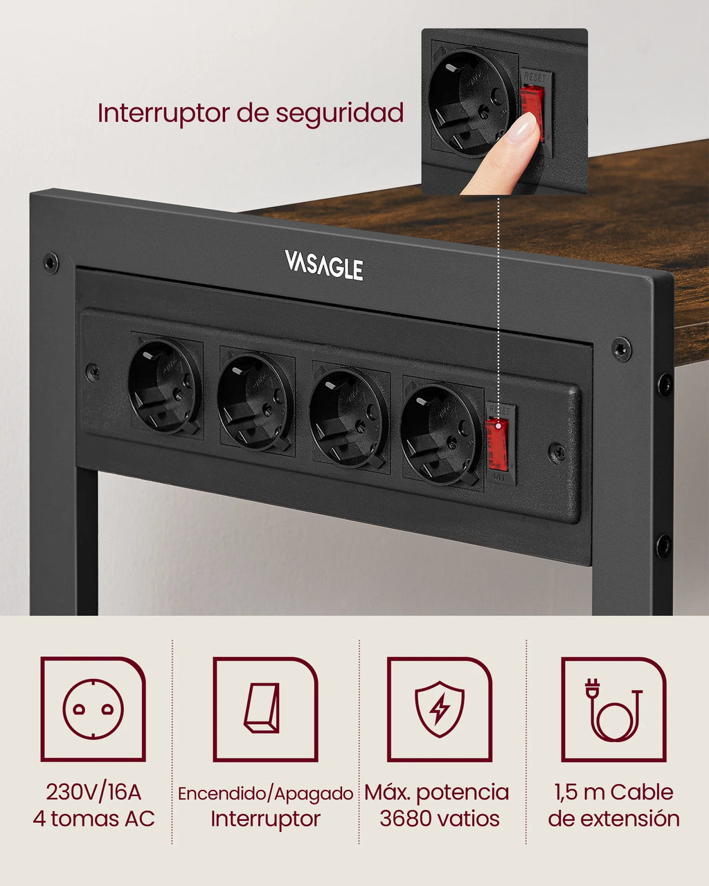 Estantería de cocina Vasagle con 2 cestas de malla, estante para microondas, estación de carga, con estantes y ganchos, 35 x 80 x 93,5 cm, estilo industrial, marrón rústico y tinta negra/greige mélange y tinta negra
