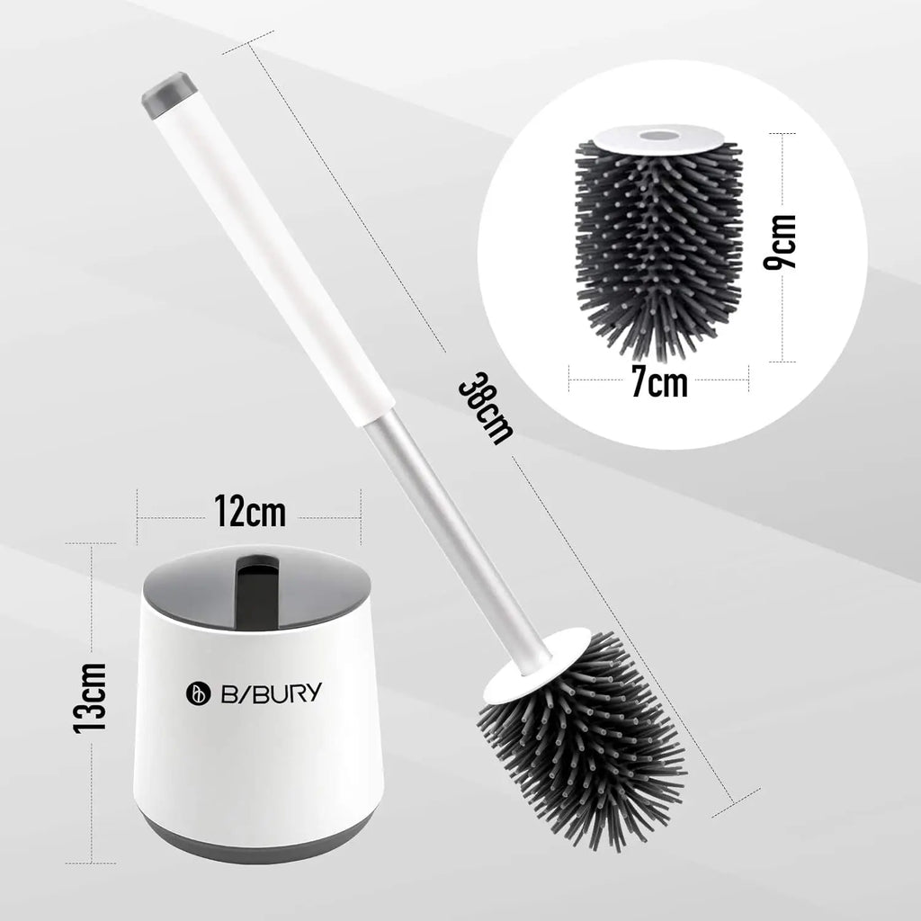 Juego de escobilla y soporte para inodoro, escobillas de silicona BIBURY con cabezal de limpieza de 360°, secado rápido y diseño higiénico, paquete de 2, cerdas suaves y flexibles para una limpieza eficaz del baño, blanco y gris.