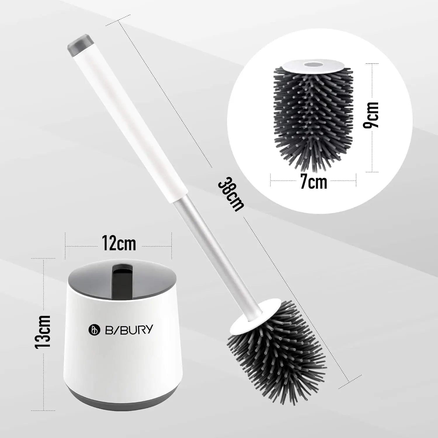 Juego de escobilla y soporte para inodoro, escobillas de silicona BIBURY con cabezal de limpieza de 360°, secado rápido y diseño higiénico, paquete de 2, cerdas suaves y flexibles para una limpieza eficaz del baño, blanco y gris.