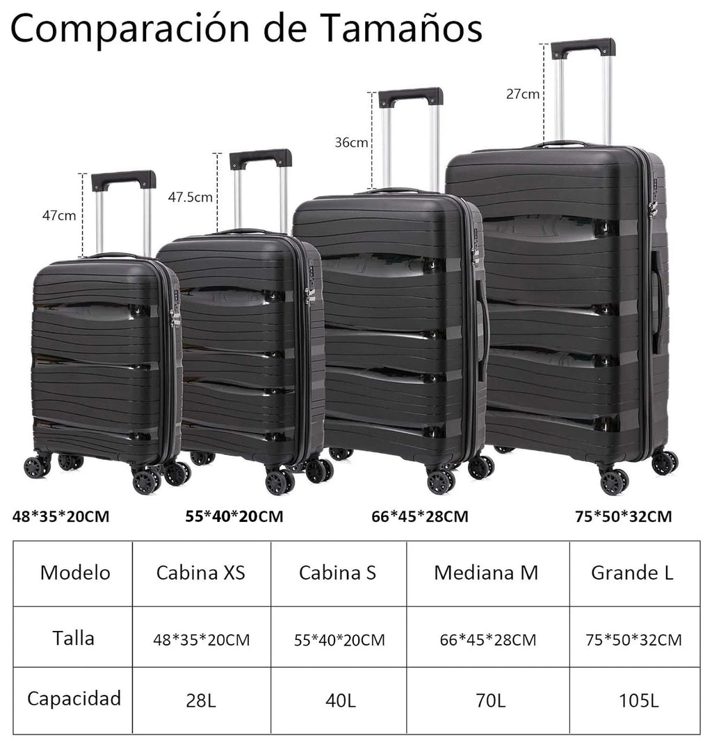 Maleta de cabina Artree: fabricada en polipropileno resistente con diseño impermeable, disponible en varios tamaños (L 75x50x32 cm, XS 48x35x20 cm) y equipada con 4 ruedas giratorias de 360°, ideal para viajes organizados.