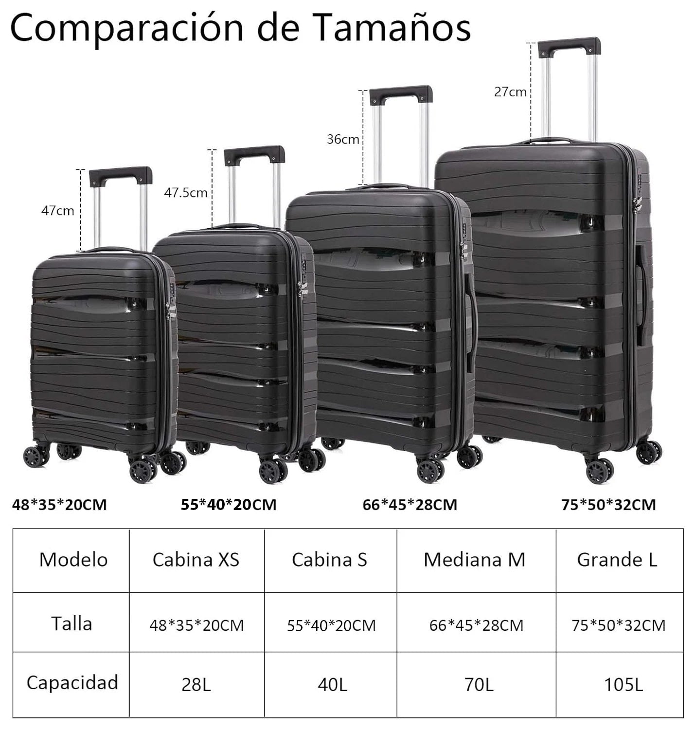 Maleta de cabina Artree: fabricada en polipropileno resistente con diseño impermeable, disponible en varios tamaños (L 75x50x32 cm, XS 48x35x20 cm) y equipada con 4 ruedas giratorias de 360°, ideal para viajes organizados.