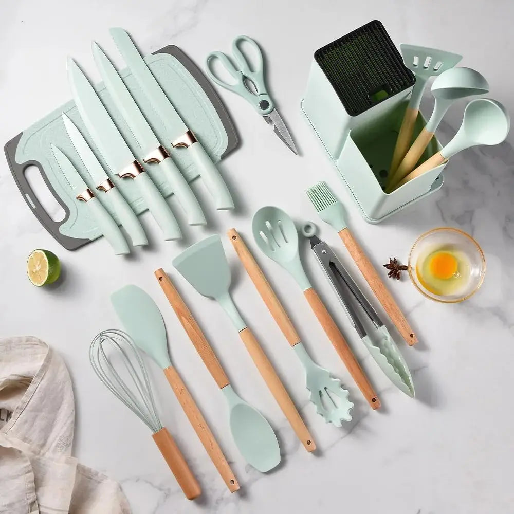 Juego de utensilios de cocina de silicona Onfeng of2328 - 19 piezas, incluye 5 cuchillos versátiles, tijeras, pinzas, tabla de cortar y 10 accesorios antiadherentes (verde claro). Regalo para el Día de la Madre.