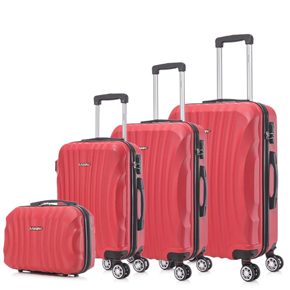 Juego de maletas rígidas de ABS de 4 piezas que incluye una maleta de cabina de 55 cm, una maleta mediana de 68 cm, una maleta grande de 78 cm y un neceser de 29 cm en varios colores, con ruedas giratorias de 360° para facilitar el transporte.