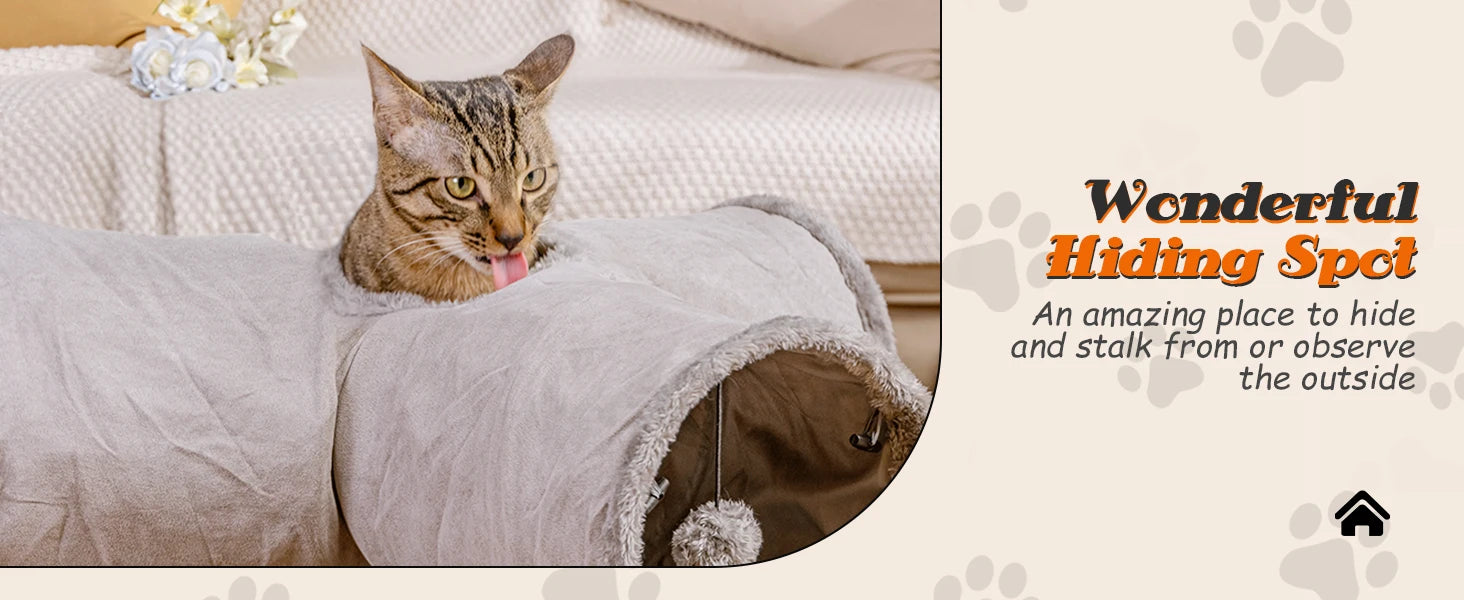 Nobleza - túnel para gatos de gamuza, túnel interior de 3 vías con 1 orificio y juguetes colgantes para gatos con forma de bola, color gris.
