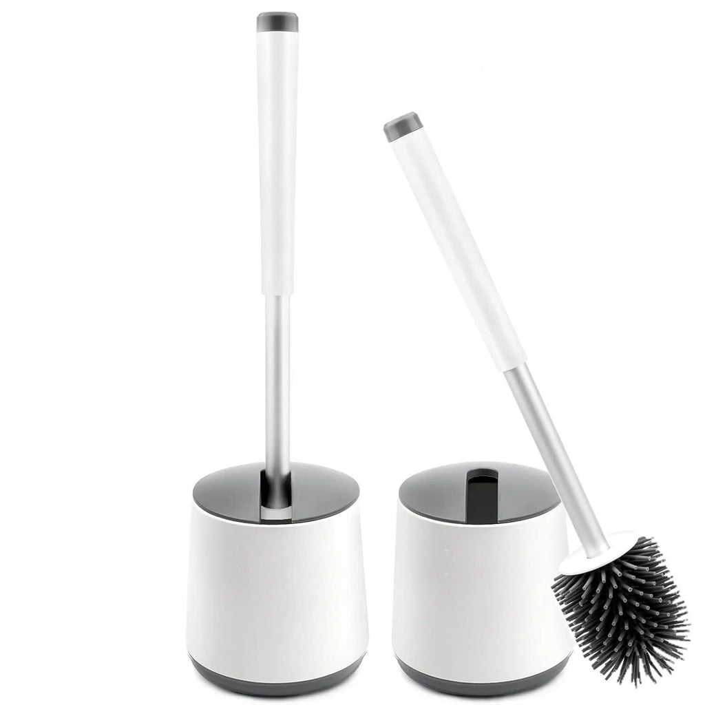 Juego de escobilla y soporte para inodoro, escobillas de silicona BIBURY con cabezal de limpieza de 360°, secado rápido y diseño higiénico, paquete de 2, cerdas suaves y flexibles para una limpieza eficaz del baño, blanco y gris.