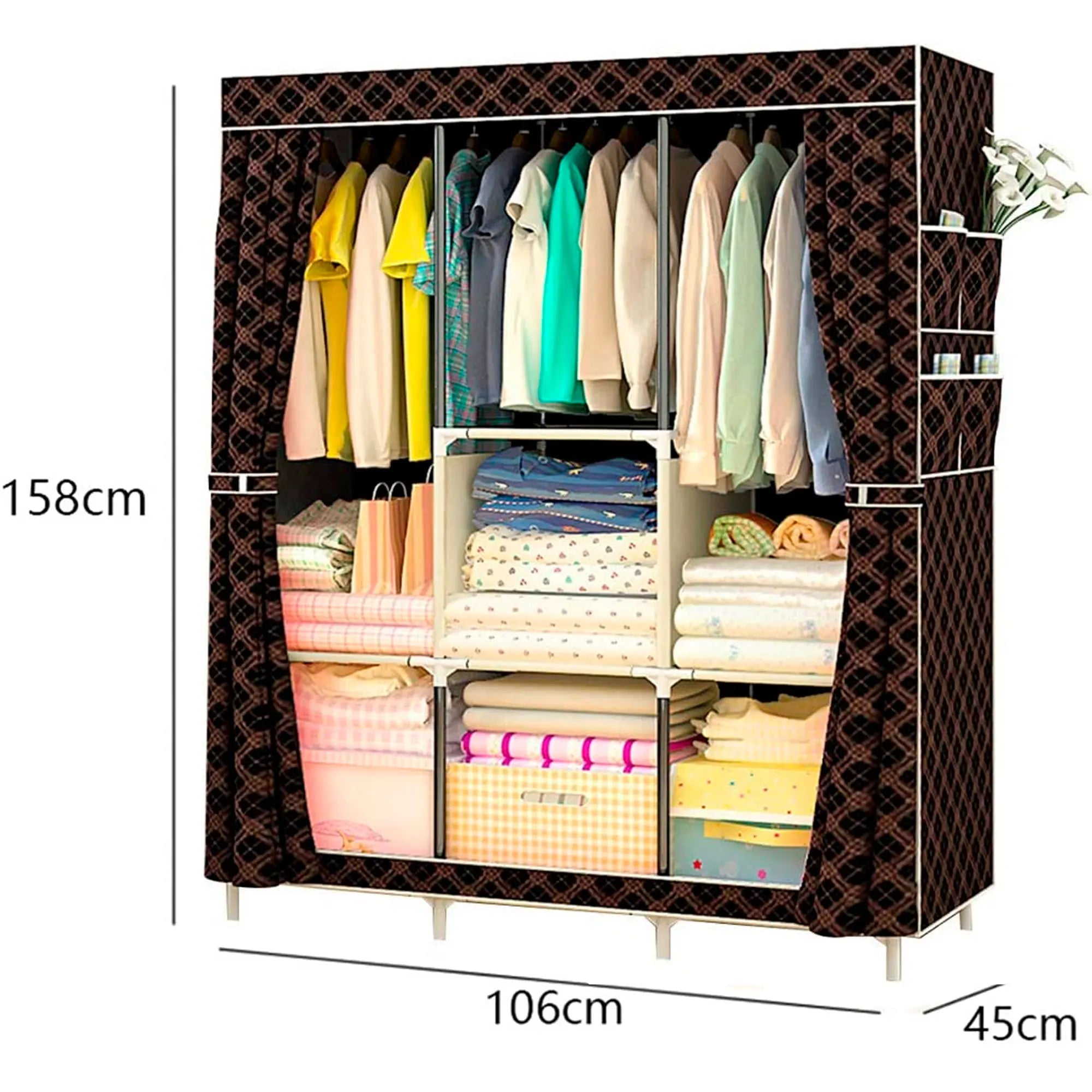 Armario de tela Nyana con bolsillos laterales y barra para colgar ropa: fácil montaje, gran capacidad con 6 compartimentos para 15/20 prendas, fabricado en acero galvanizado y tela no tejida, ideal para el almacenamiento y la organización del dormitorio.