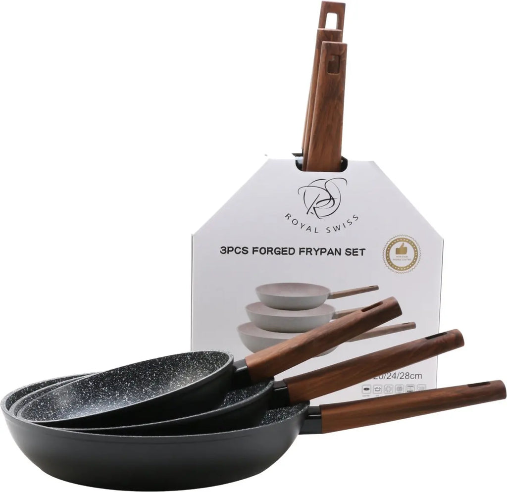 Juego de sartenes de granito Shiro x3 - 20 cm, 24 cm, 28 cm - Aptas para lavavajillas, antiadherentes, compatibles con inducción, color gris - Ideales para todas las fuentes de calor, diseño duradero de mármol fundido, juego de 3 piezas de utensilios de c