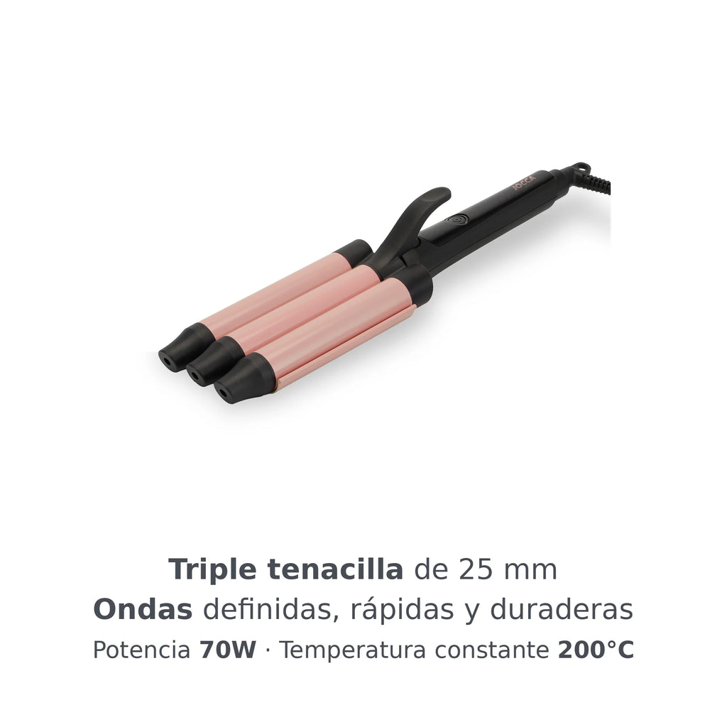 Rizador triple Jocca de 25 mm con revestimiento cerámico de turmalina, calentamiento rápido y ondas definidas.