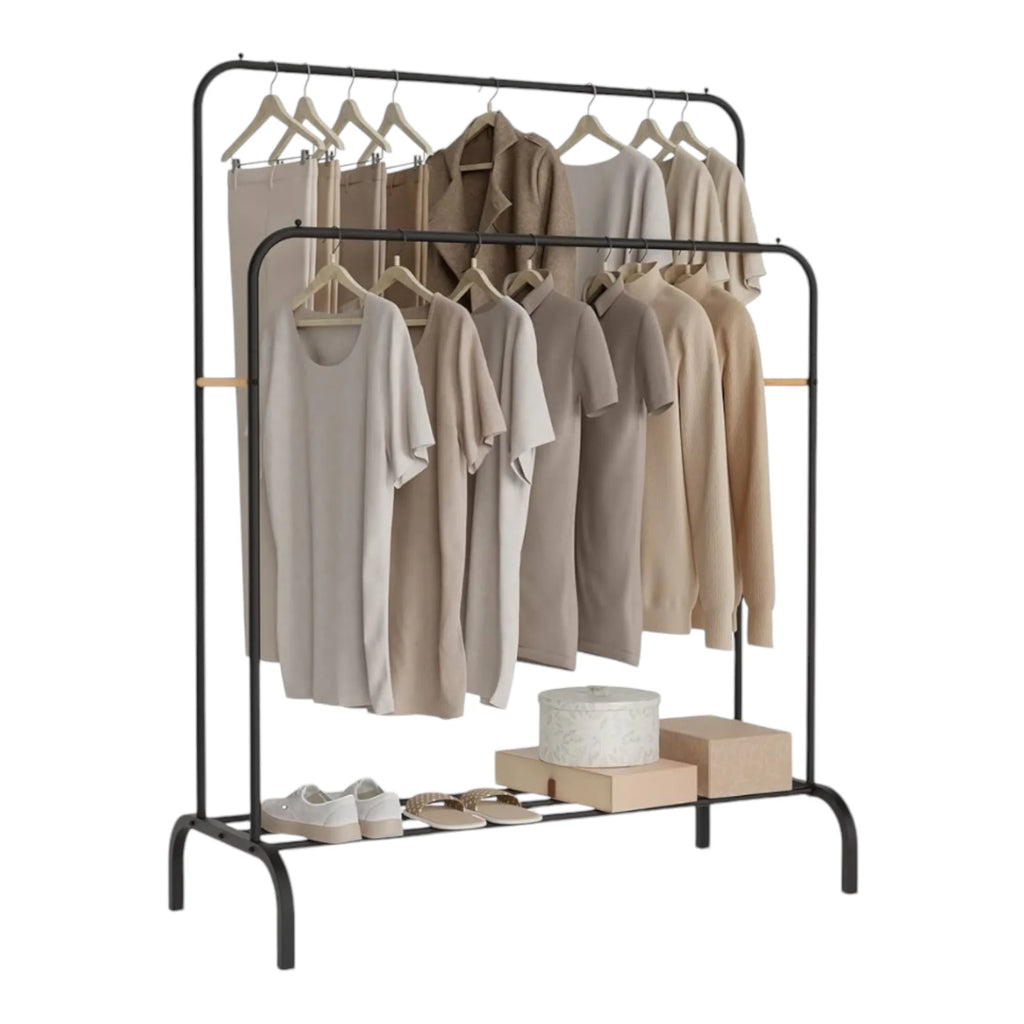 Perchero de pie Mikomika, perchero metálico con estructura en forma de A, doble barra y dos niveles de almacenamiento, soporta hasta 30 kg, disponible en negro o blanco, ideal para chaquetas, vestidos y más.