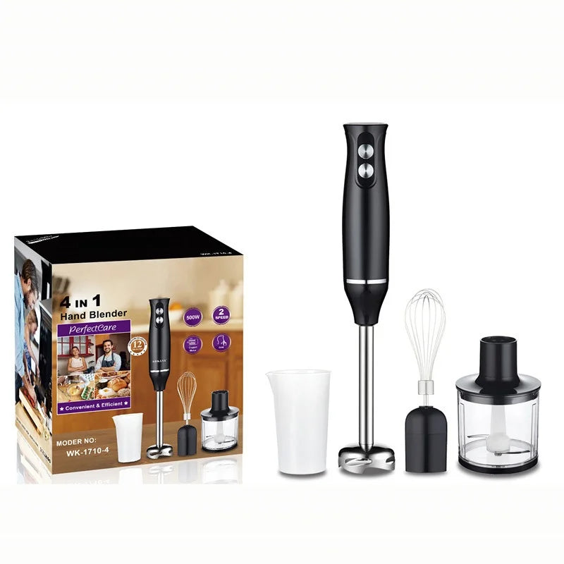 Batidora de cocina portátil cuatro en uno diseñada para uso doméstico con picadora de carne, batidor de huevos y varilla para mezclar papillas de bebé.