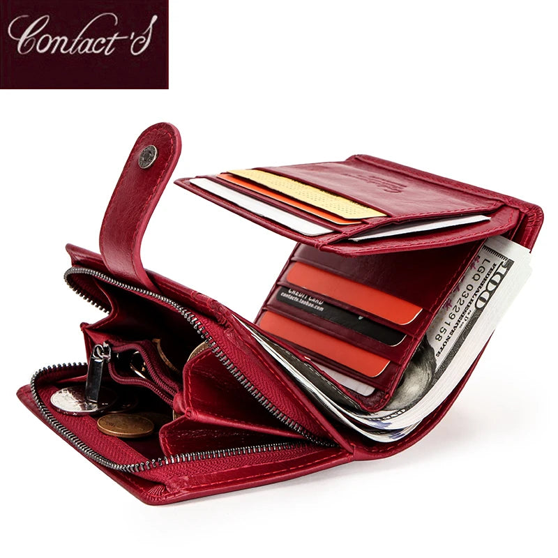 Carteras de cuero genuino Contact'S para mujer y hombre, cartera corta pequeña con bloqueo RFID, tarjetero, monedero rojo para mujer
