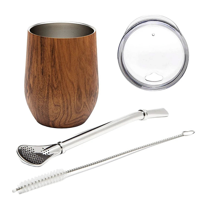 Juego de taza de yerba mate de calabaza de 355 ml, taza de café/agua de acero inoxidable de doble pared con tapa, 1 bombilla, pajitas, filtro, cuchara y cepillo.