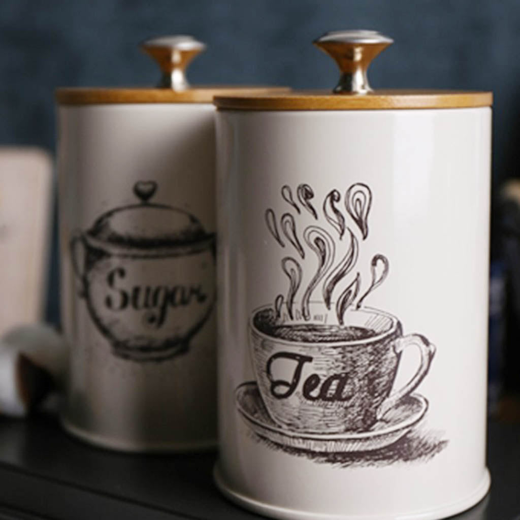 3 botes de estilo vintage para té, café y azúcar, de metal blanco retro, ideales para la cocina.