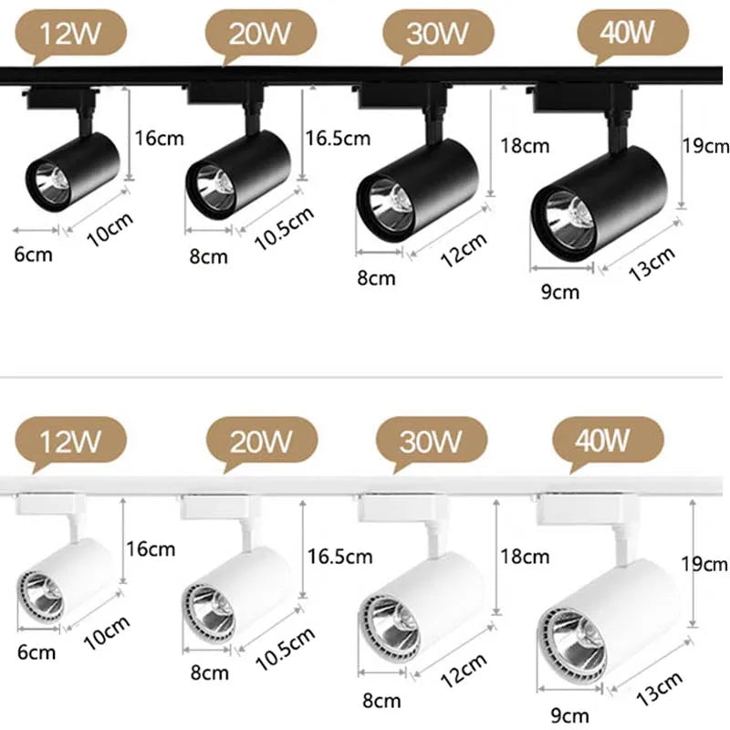 Juego completo de focos LED de riel de 50W, 40W y 20W con tecnología COB para iluminación de riel de techo en interiores, ideales para la decoración de salas de estar y cocinas.