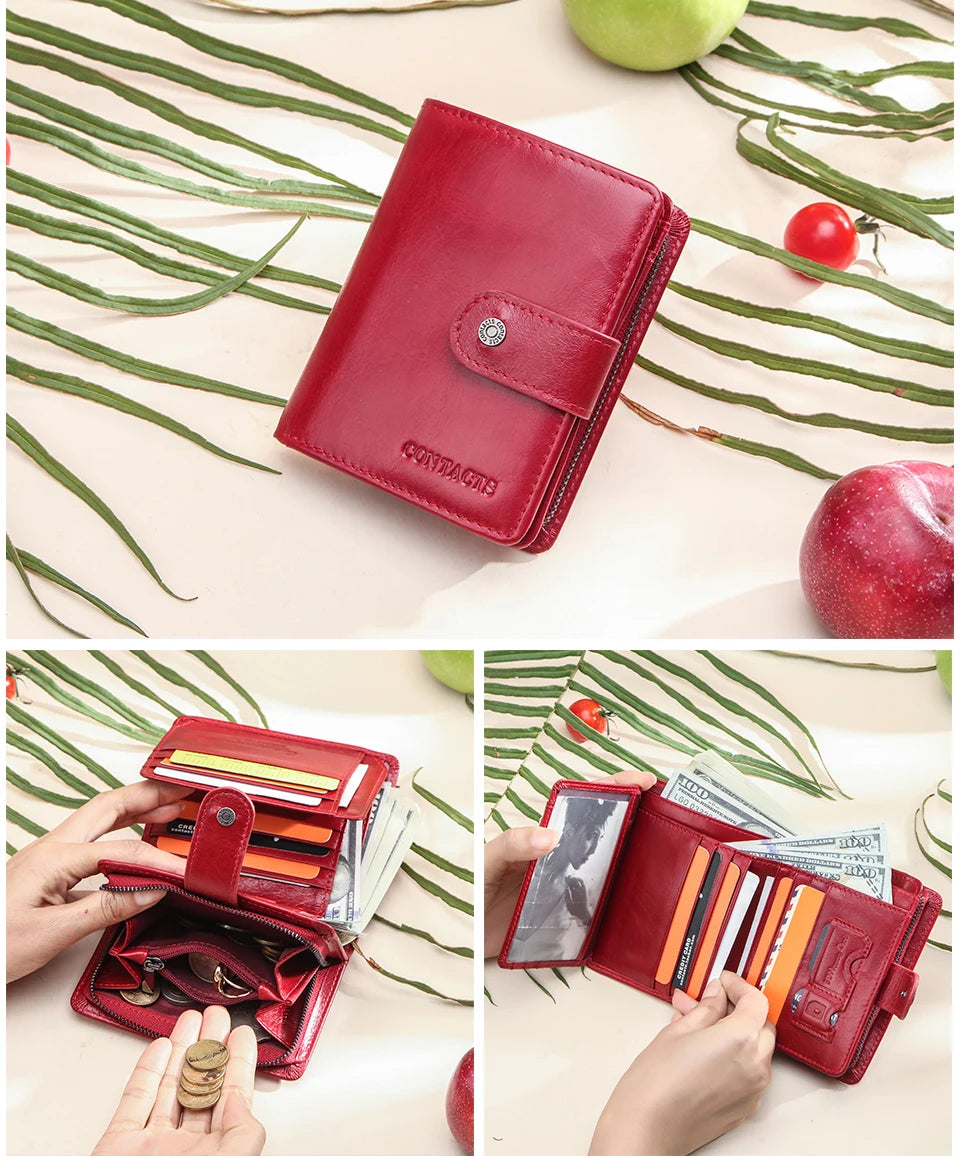 Carteras de cuero genuino Contact'S para mujer y hombre, cartera corta pequeña con bloqueo RFID, tarjetero, monedero rojo para mujer