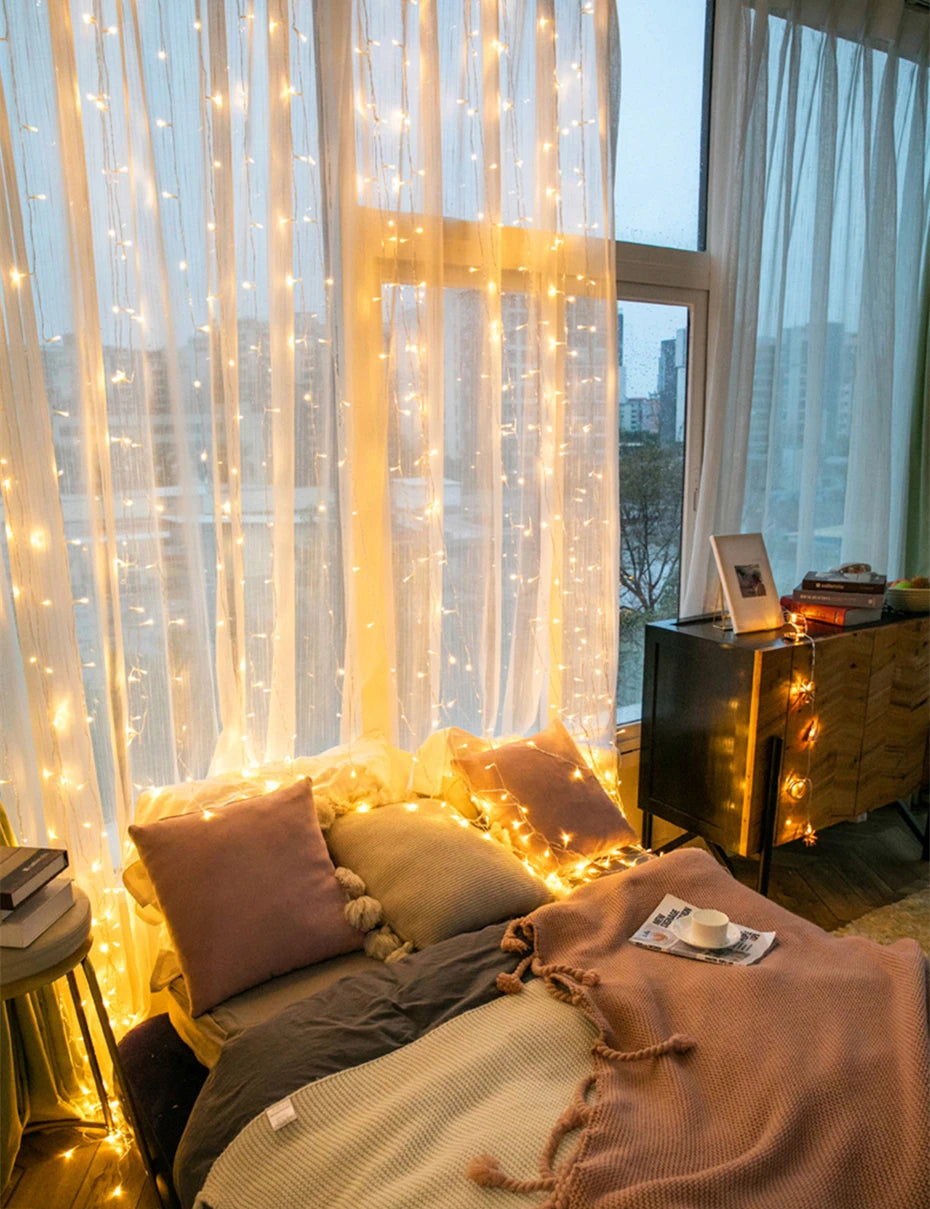 Guirnalda de luces LED para cortinas, guirnalda para exteriores, para ventanas, decoración navideña, bodas y fiestas en el hogar.
