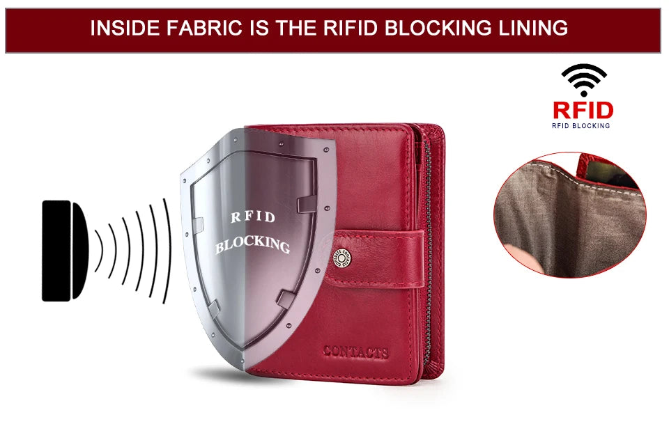 Carteras de cuero genuino Contact'S para mujer y hombre, cartera corta pequeña con bloqueo RFID, tarjetero, monedero rojo para mujer