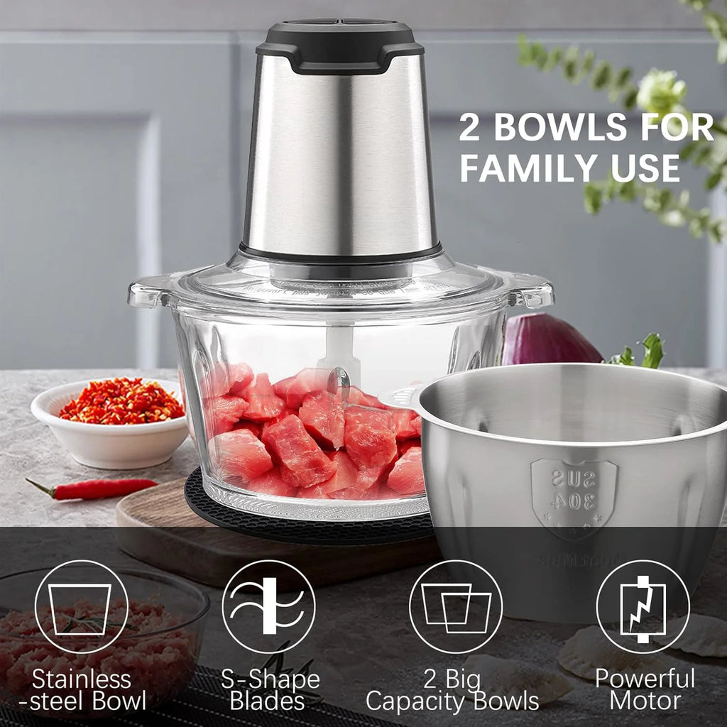 Procesador de alimentos de 2 velocidades, picadora de carne con 2 recipientes para carne, frutas, verduras, comida para bebés, frutos secos,