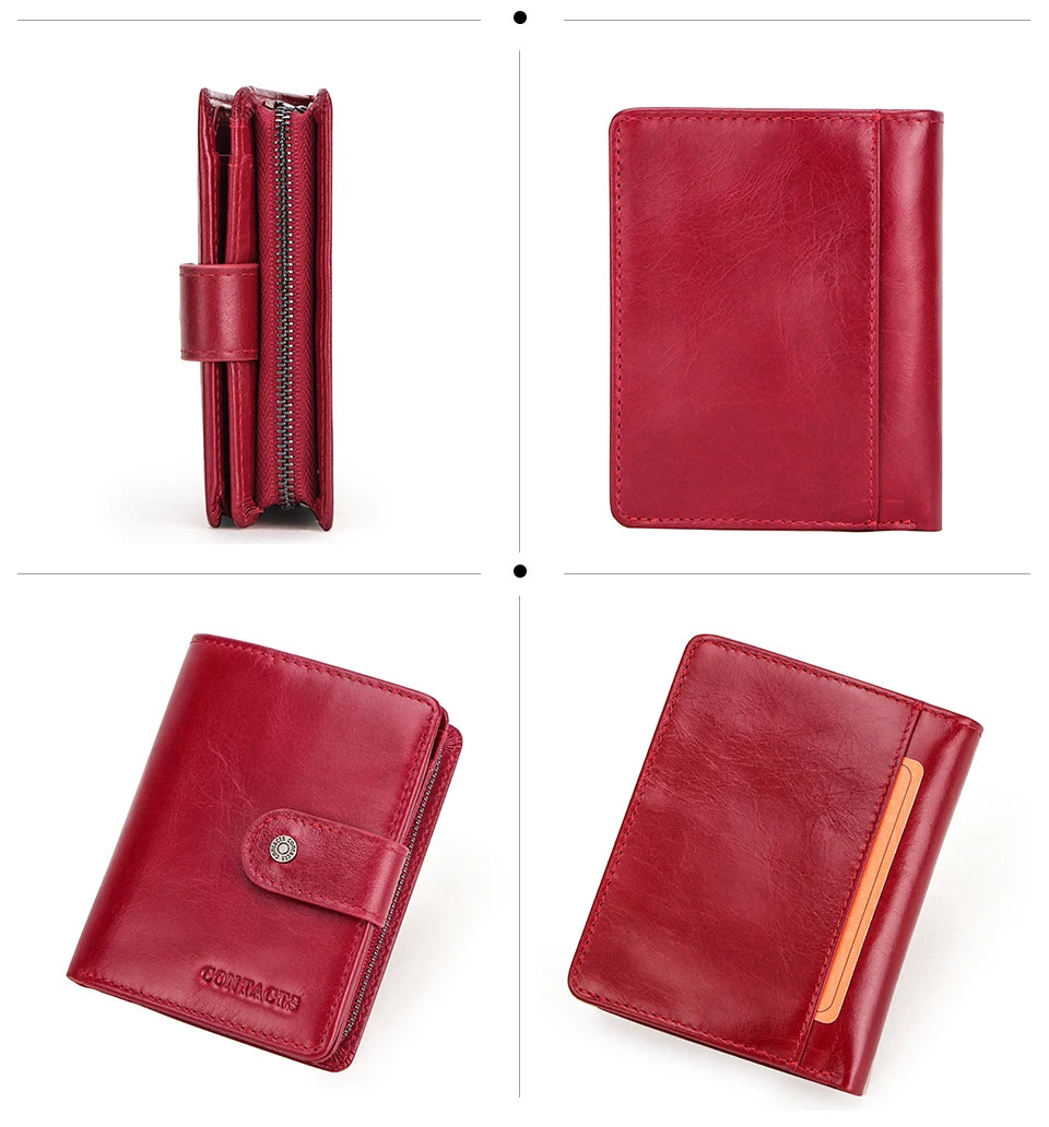 Carteras de cuero genuino Contact'S para mujer y hombre, cartera corta pequeña con bloqueo RFID, tarjetero, monedero rojo para mujer