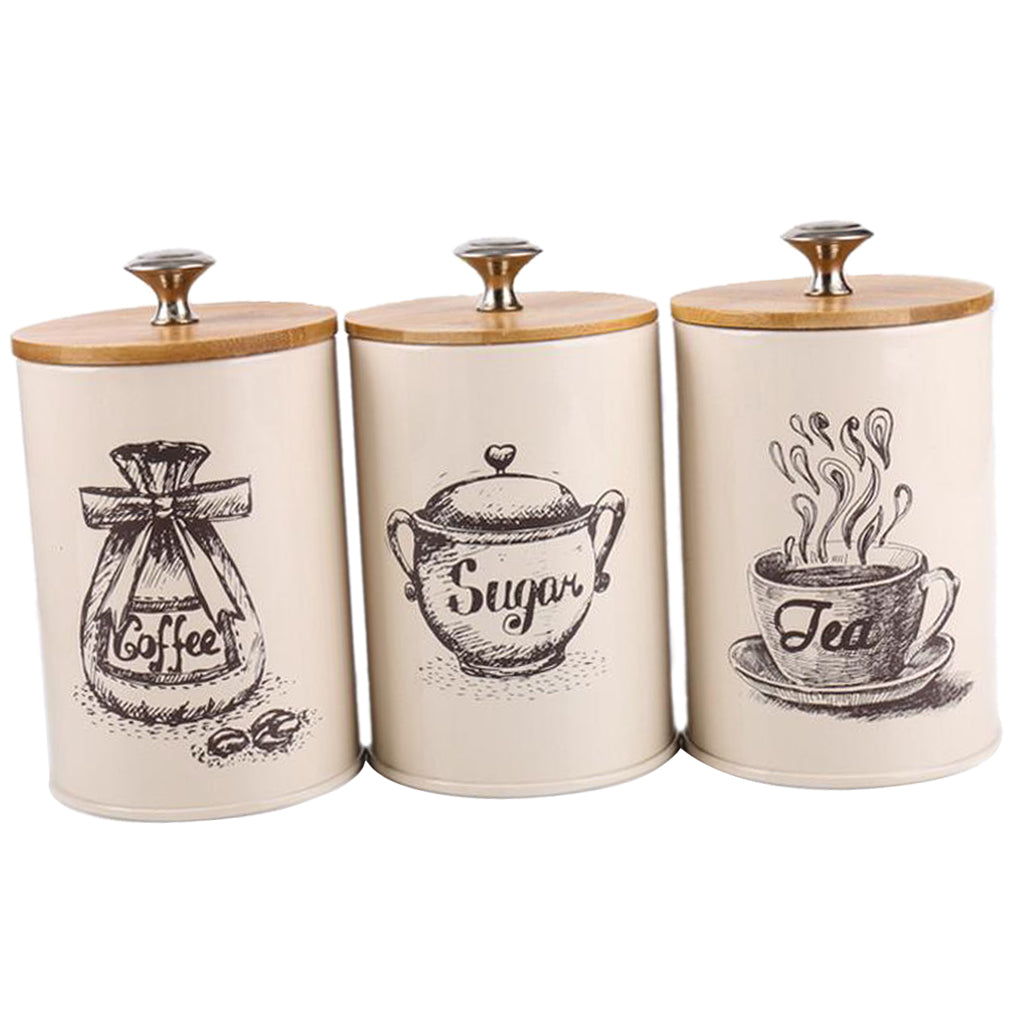 3 botes de estilo vintage para té, café y azúcar, de metal blanco retro, ideales para la cocina.