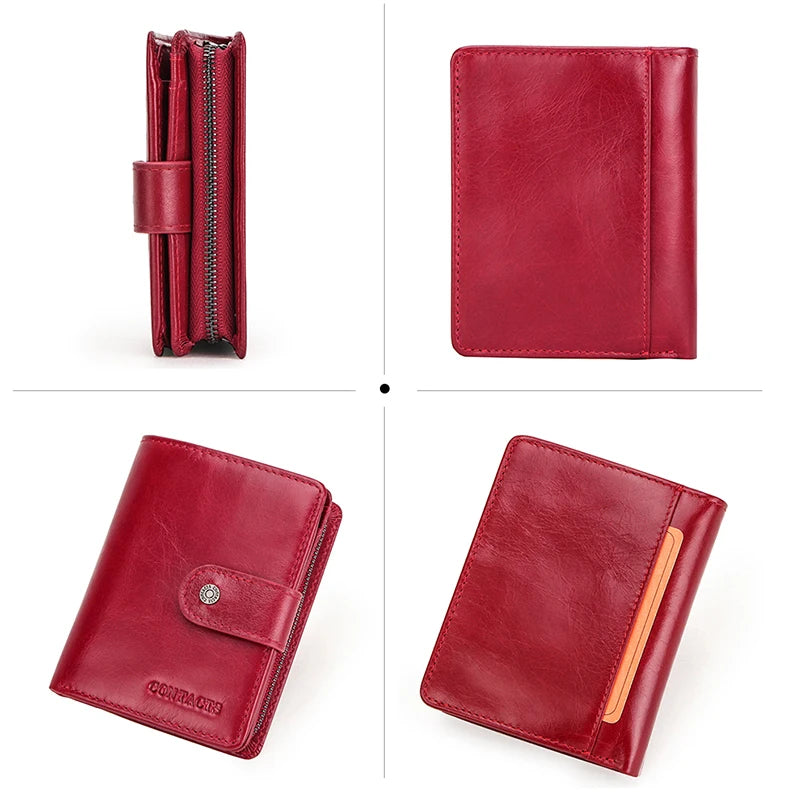 Carteras de cuero genuino Contact'S para mujer y hombre, cartera corta pequeña con bloqueo RFID, tarjetero, monedero rojo para mujer