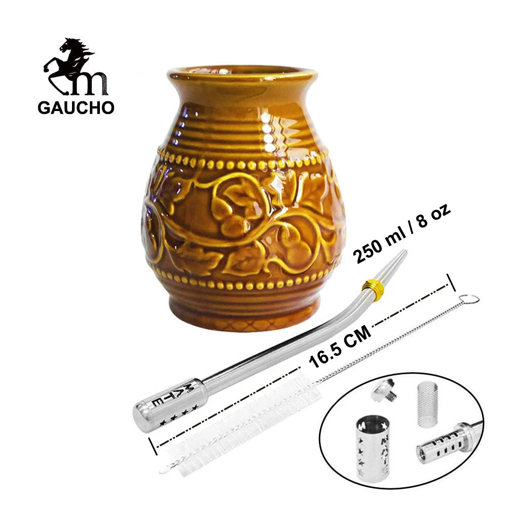 1 juego/lote de tazas de cerámica para yerba mate de 250 ml con relieve de calabaza. Incluye bombilla, filtro, pajita y cepillo de limpieza. ¡Gran oferta!