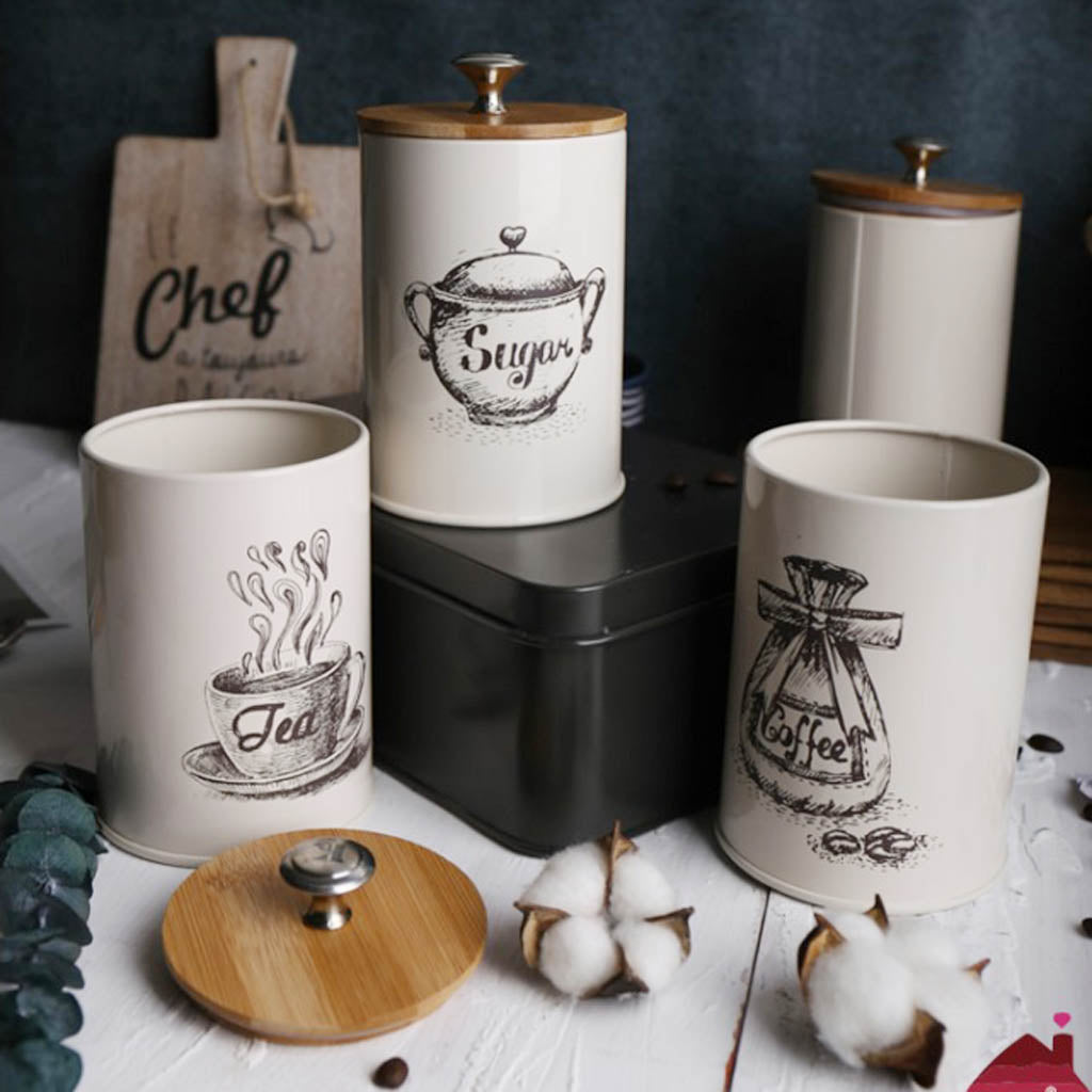 3 botes de estilo vintage para té, café y azúcar, de metal blanco retro, ideales para la cocina.