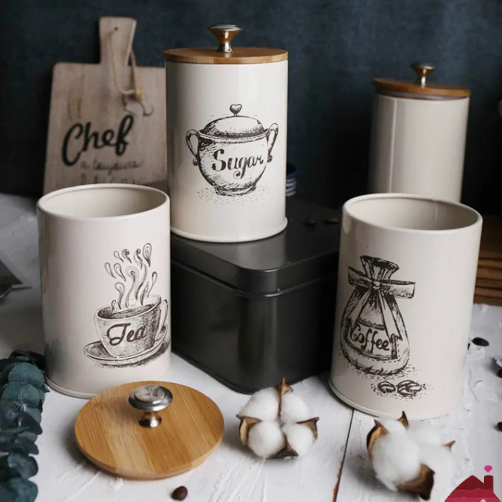 3 botes de estilo vintage para té, café y azúcar, de metal blanco retro, ideales para la cocina.