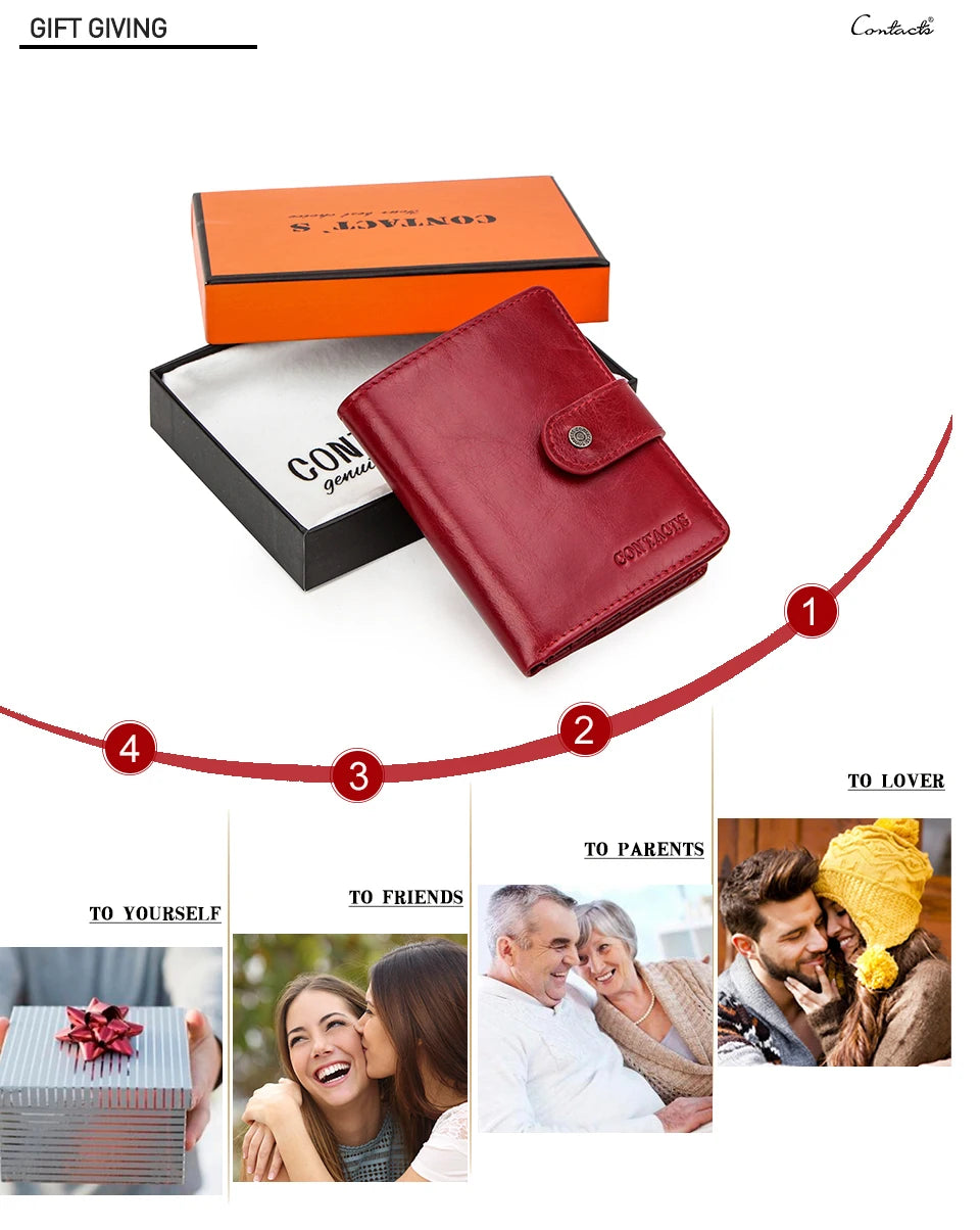 Carteras de cuero genuino Contact'S para mujer y hombre, cartera corta pequeña con bloqueo RFID, tarjetero, monedero rojo para mujer