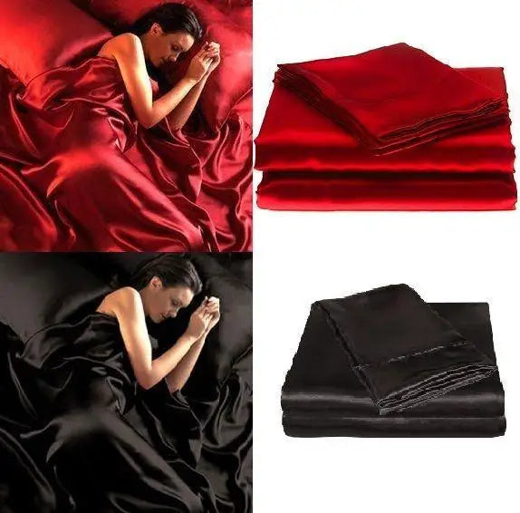 Juego de sábanas ajustables para cama Queen de 4 piezas, 95 g/m², de satén suave y sedoso - ROJO NEGRO 10