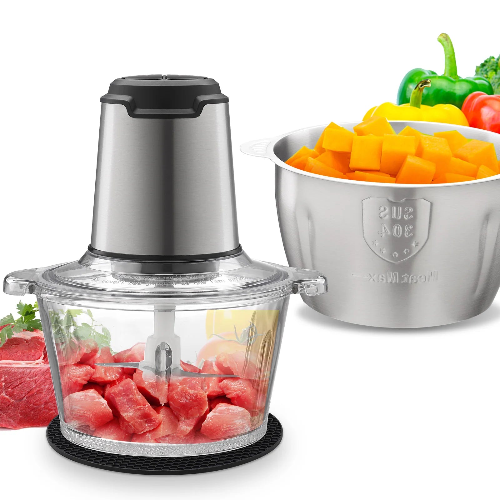 Procesador de alimentos de 2 velocidades, picadora de carne con 2 recipientes para carne, frutas, verduras, comida para bebés, frutos secos,