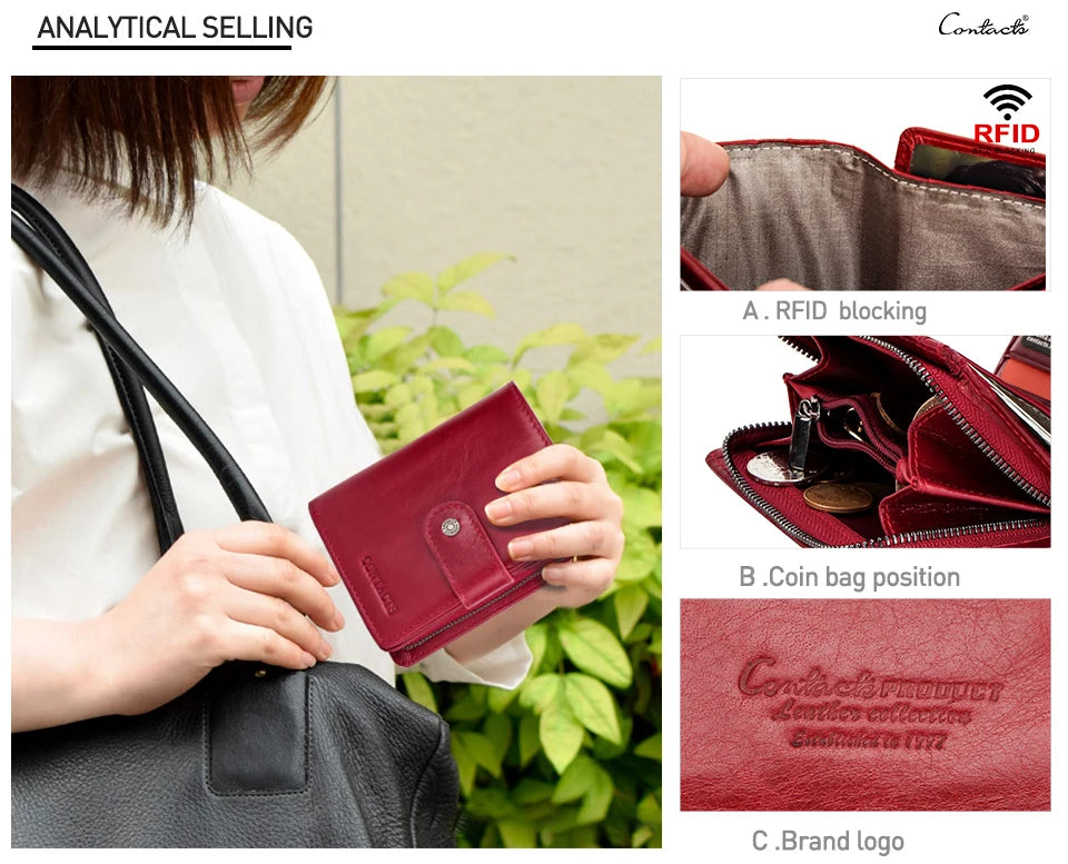 Carteras de cuero genuino Contact'S para mujer y hombre, cartera corta pequeña con bloqueo RFID, tarjetero, monedero rojo para mujer