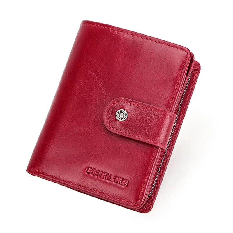 Carteras de cuero genuino Contact'S para mujer y hombre, cartera corta pequeña con bloqueo RFID, tarjetero, monedero rojo para mujer