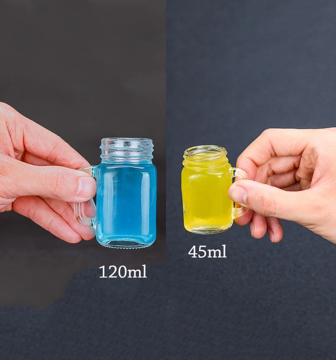 Juego de 4 mini vasos de cristal tipo tarro Mason con asas de cristal, ideales para beber whisky.